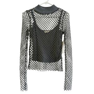 NEW Madden Girl Fishnet Long Sleeve Layered Top M Gray Cybergrunge Whimsigoth